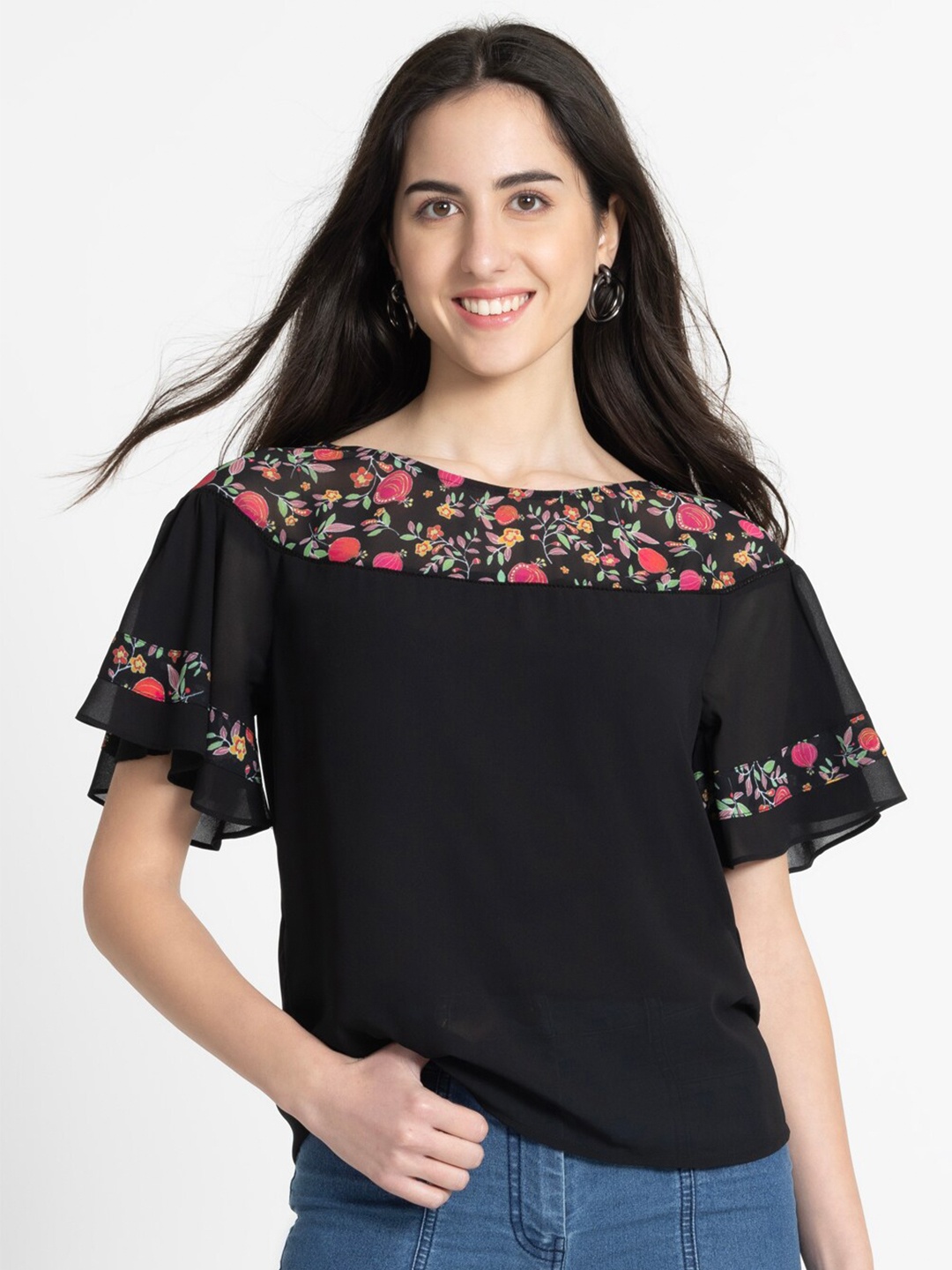 SHAYE Floral Print Flared Sleeve Georgette Top, Black
