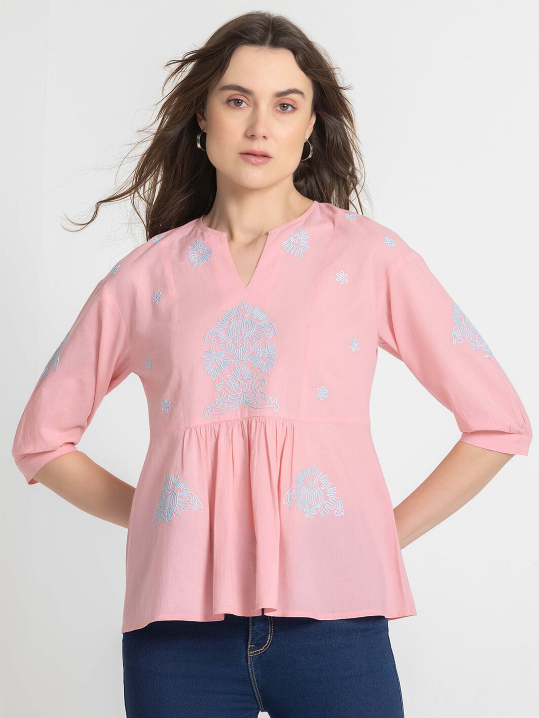 

SHAYE Floral Print Mandarin Collar Cotton Top, Pink