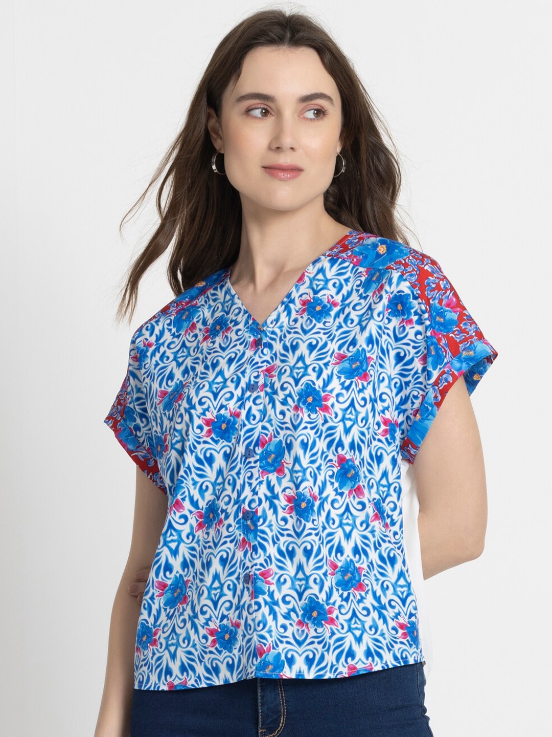 

SHAYE Floral Print Extended Sleeves Crepe Top, Blue