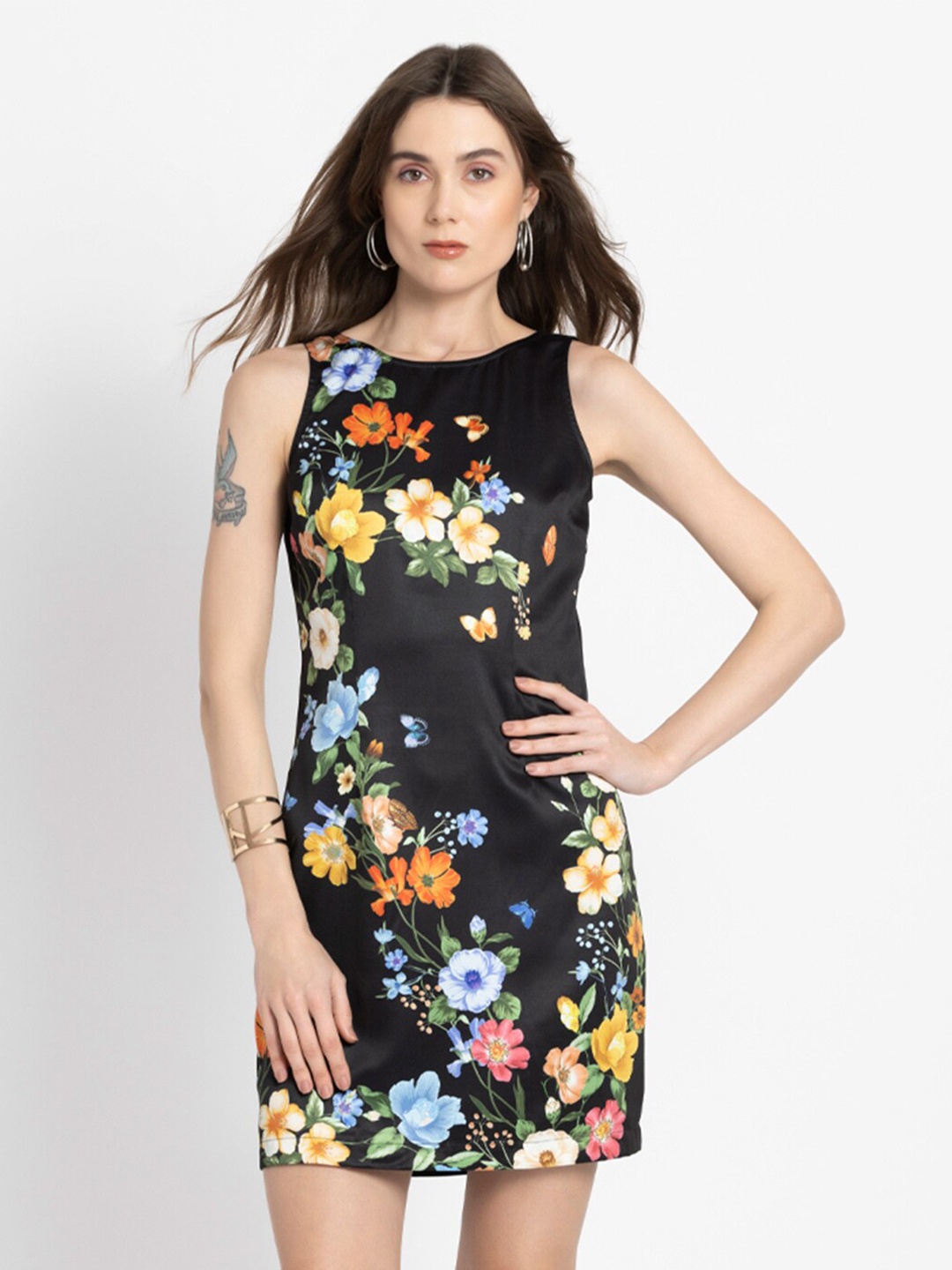 

SHAYE Floral Printed Boat Neck Sleeveless Satin Sheath Dress, Black