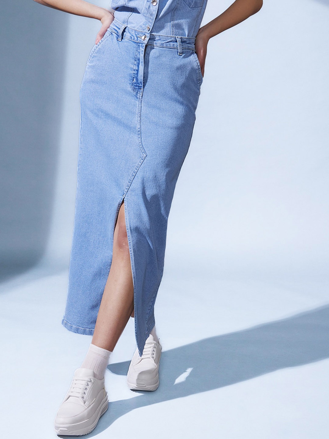 

STREET 9 Blue Denim Pencil Midi Skirts