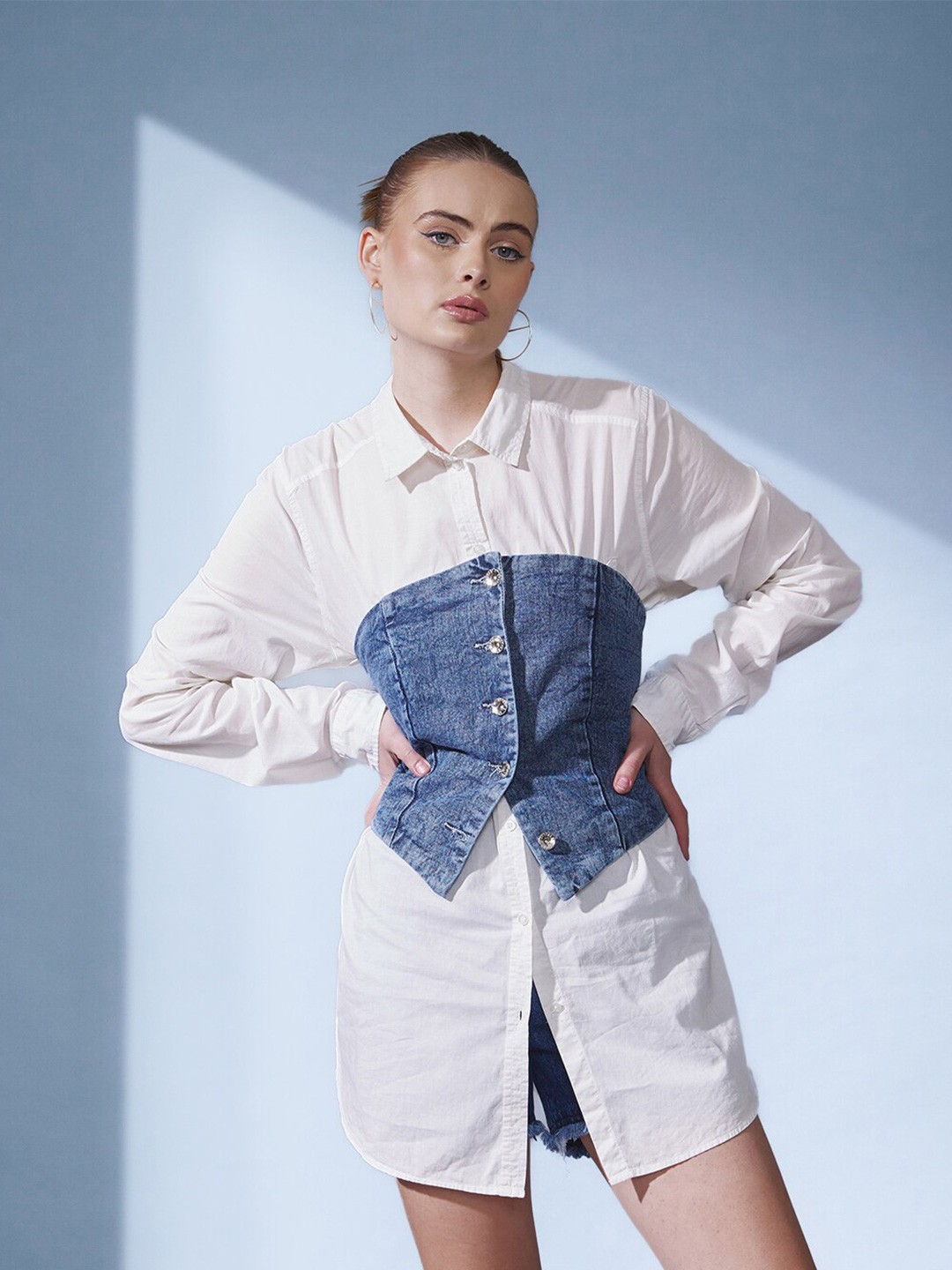 

STREET 9 Shirt Collar Cotton Denim Corset Top, Blue