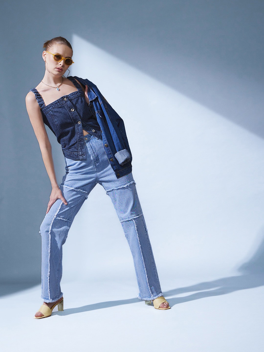

STREET 9 Shoulder Straps Cotton Denim Corset Top, Blue