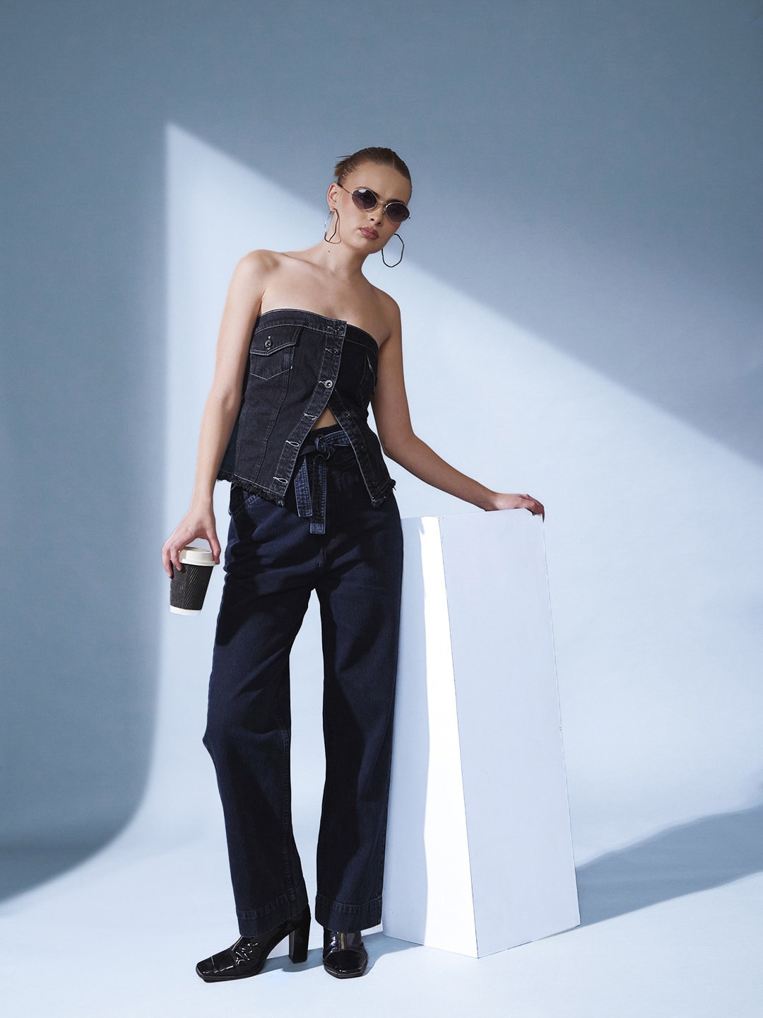 

STREET 9 Pure Cotton Denim Corset Top, Black