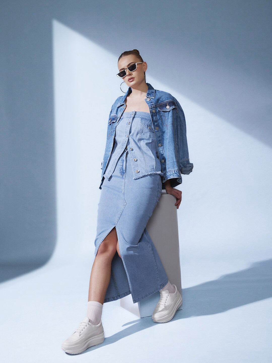 

STREET 9 Cotton Denim Corset Top, Blue