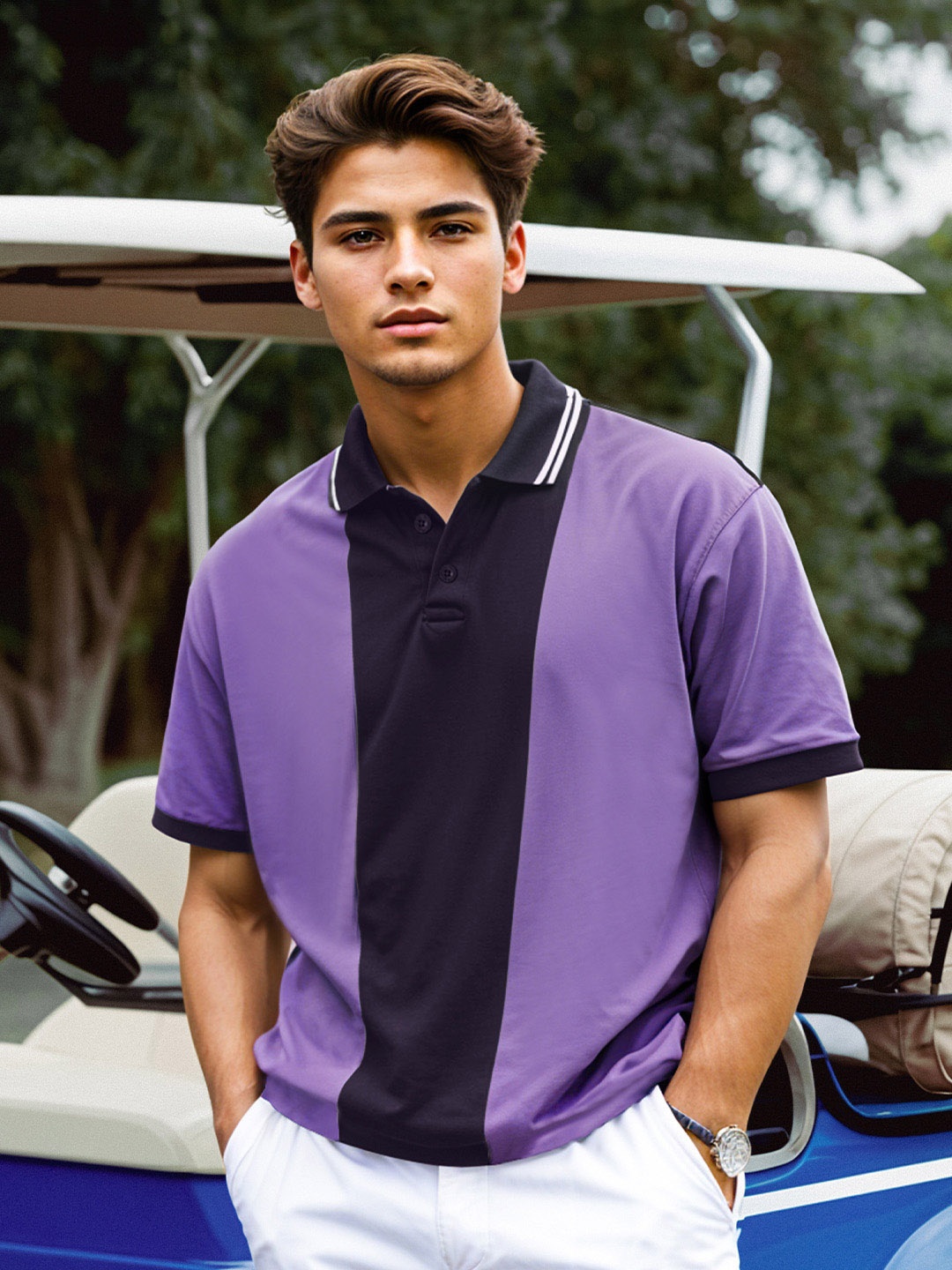 

The Souled Store Purple Colourblocked Polo Collar Cotton Oversized T-shirt