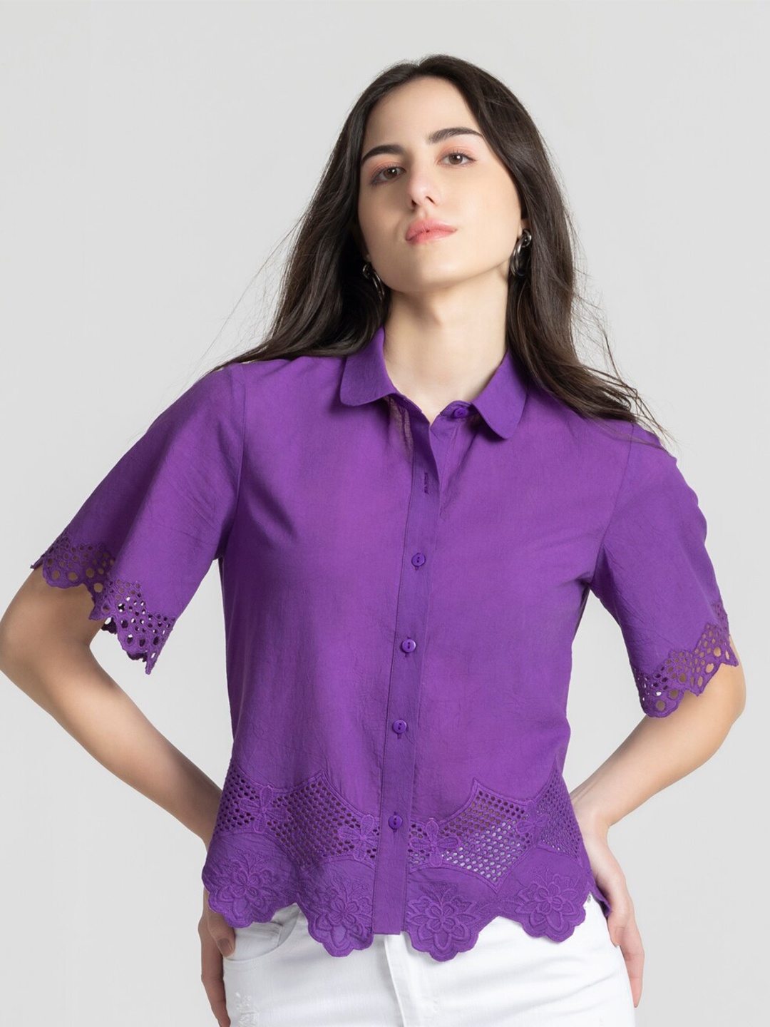 

SHAYE Shirt Collar Cotton Shirt Style Top, Purple