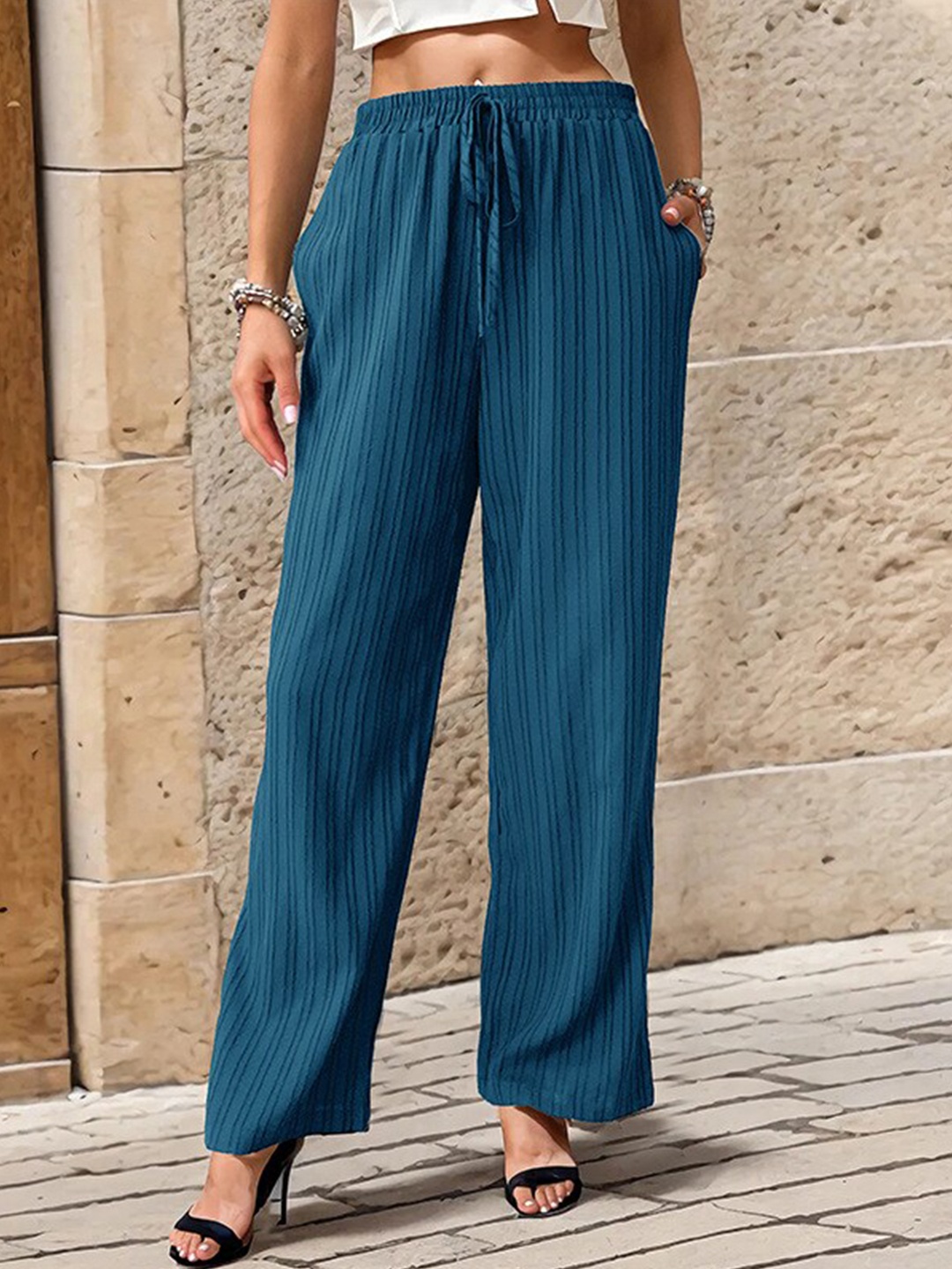 

StyleCast Blue Women Striped Straight Palazzos
