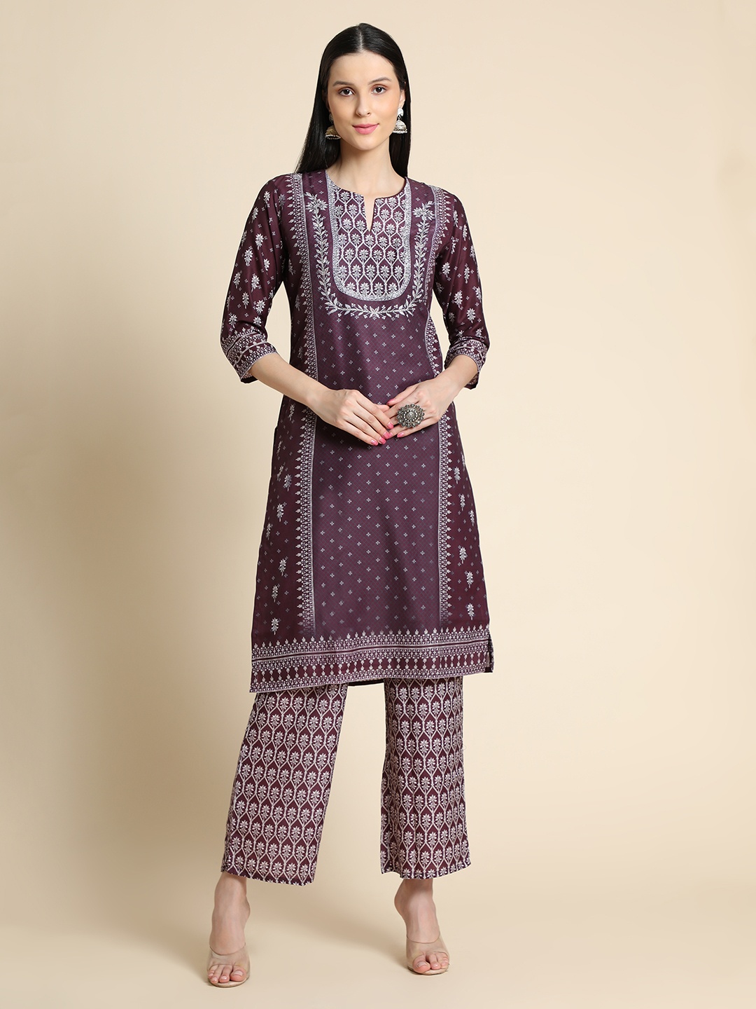 

ZARIMO Floral Printed Notch Neck Beads & Stones Straight Kurta With Palazzos, Magenta