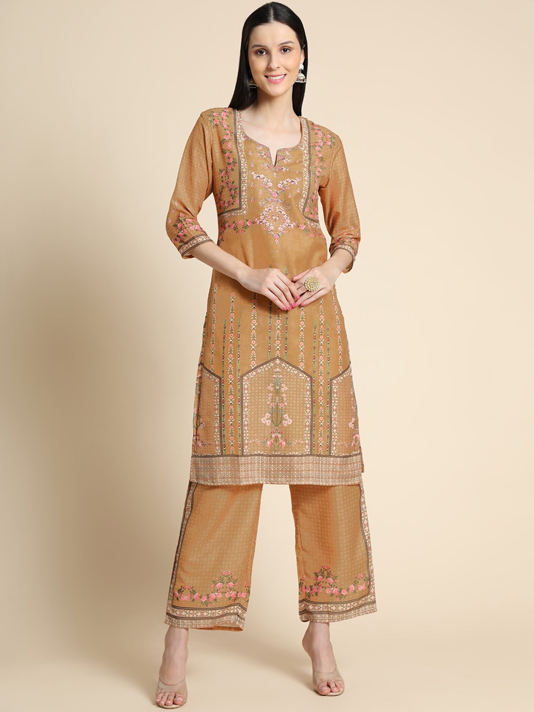 

ZARIMO Floral Printed Notch Neck Beads & Stones Straight Kurta With Palazzos, Mustard