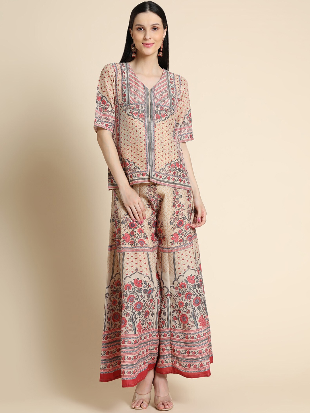 

ZARIMO Printed Top & Palazzos Co-Ords, Beige