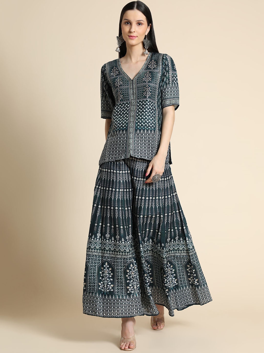 

ZARIMO Printed Top With Palazzo Co-Ords, Green