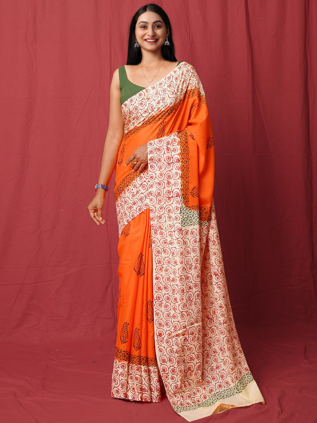

Unnati Silks Ethnic Motifs Pure Cotton Handloom Block Print Saree, Orange