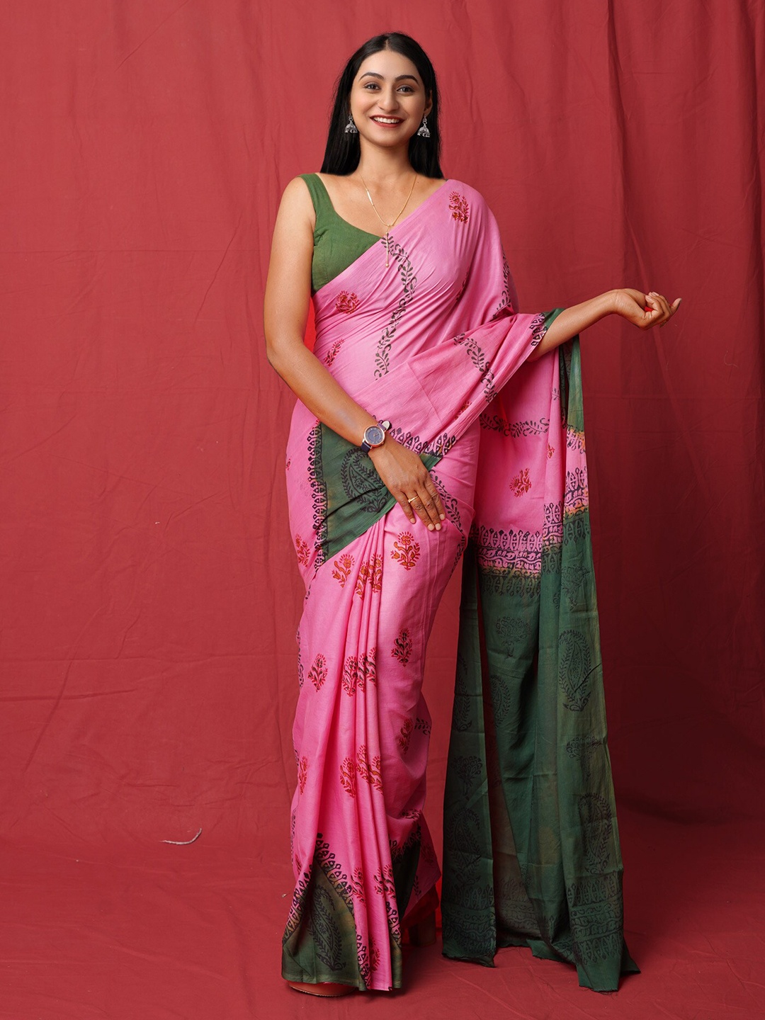 

Unnati Silks Ethnic Motifs Block Print Saree, Pink