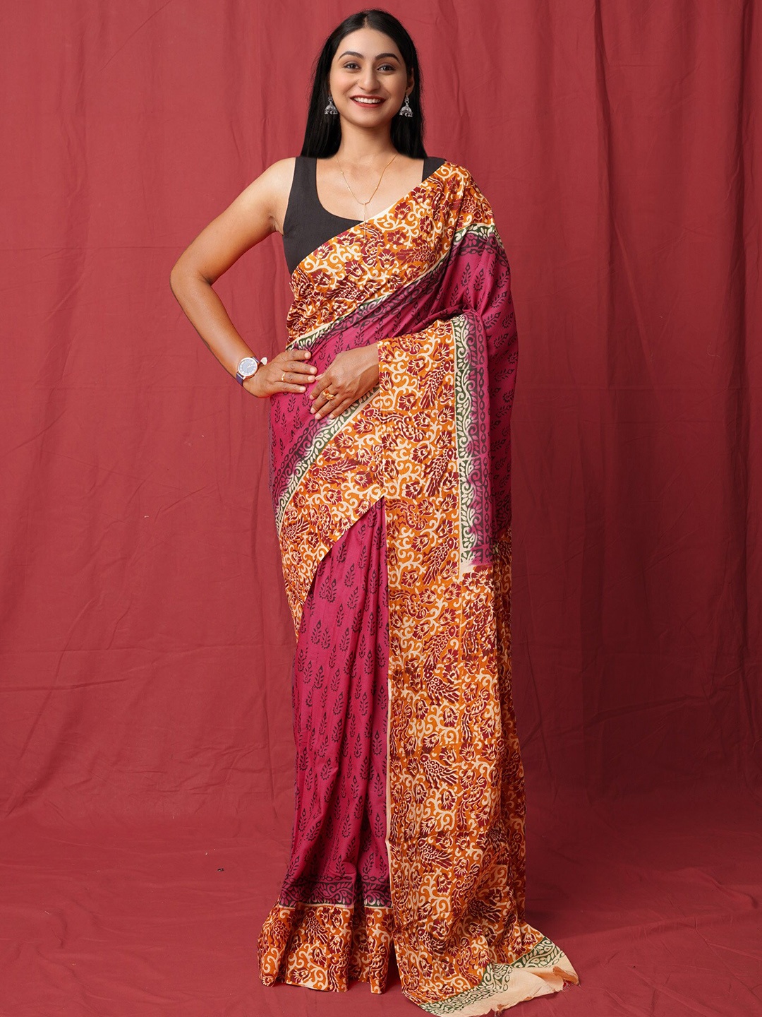 

Unnati Silks Ethnic Motifs Pure Cotton Handloom Block Print Saree, Pink