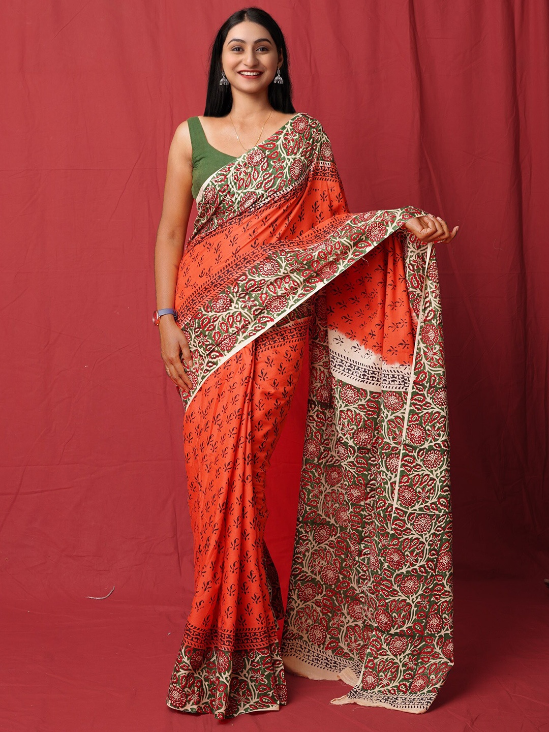 

Unnati Silks Ethnic Motifs Pure Cotton Handloom Block Print Saree, Orange