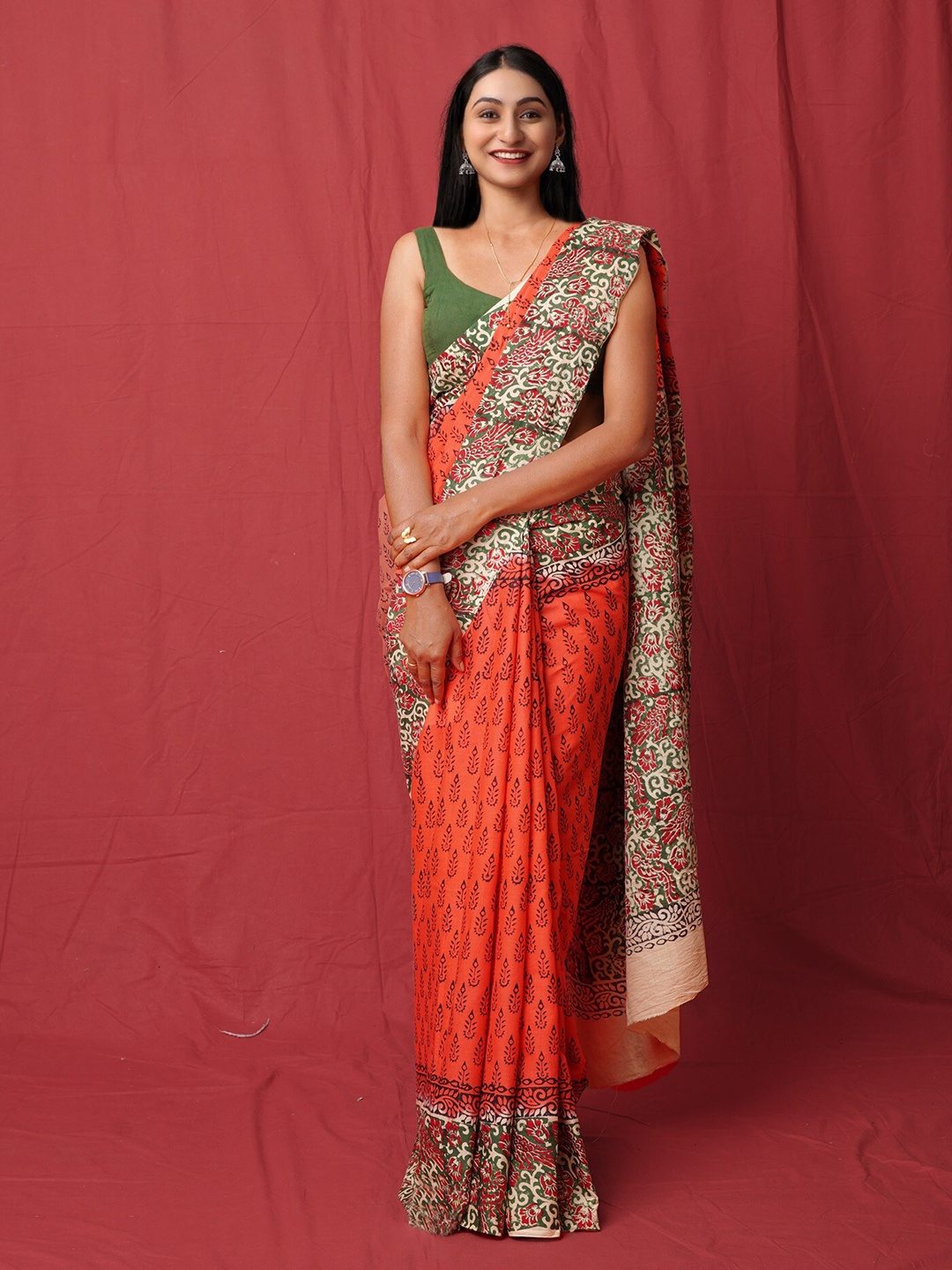 

Unnati Silks Ethnic Motifs Pure Cotton Handloom Block Print Saree, Orange