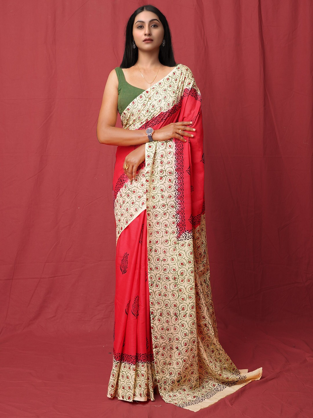 

Unnati Silks Ethnic Motifs Pure Cotton Handloom Block Print Saree, Pink