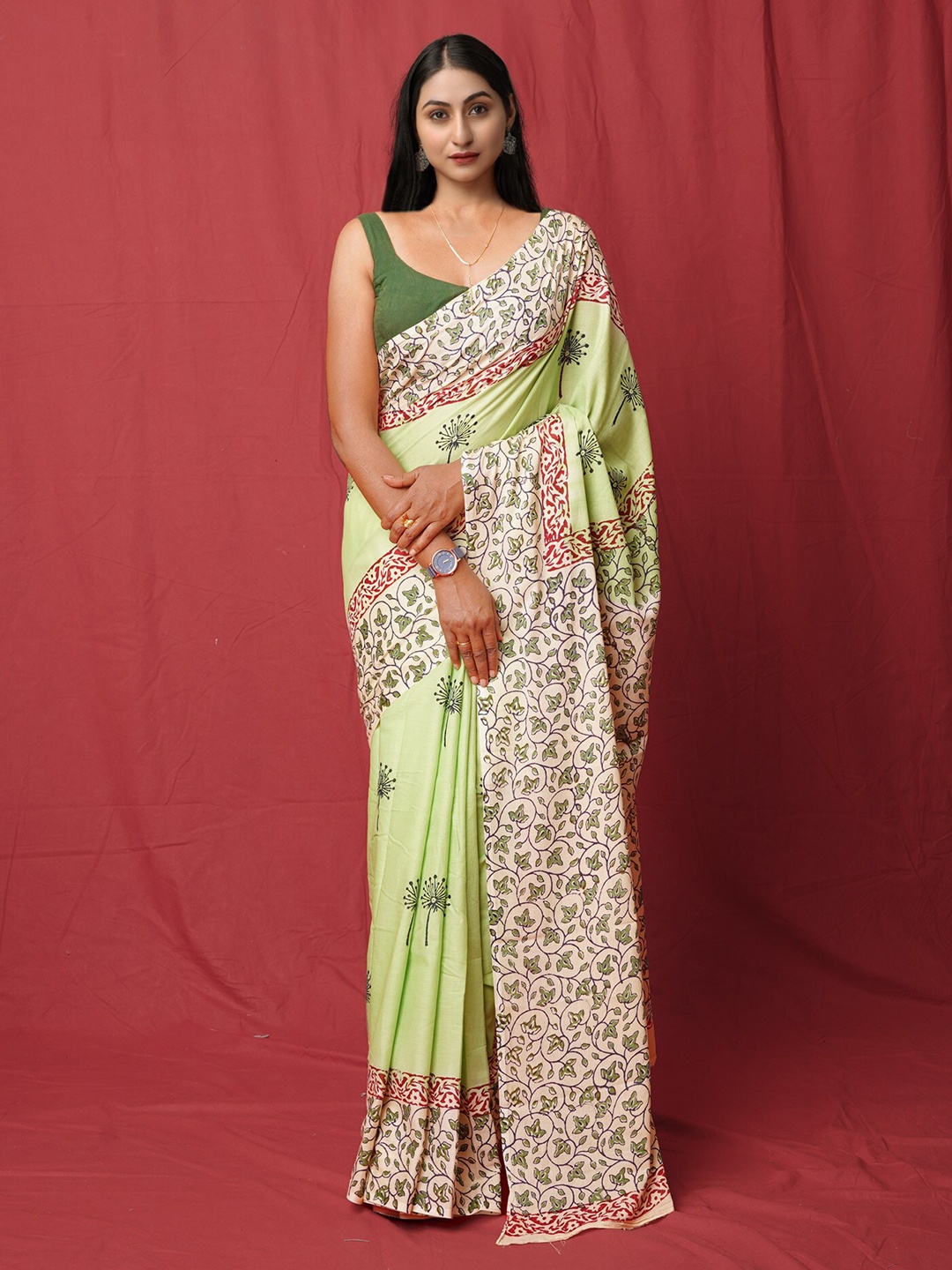 

Unnati Silks Ethnic Motifs Handloom Block Print Saree, Green