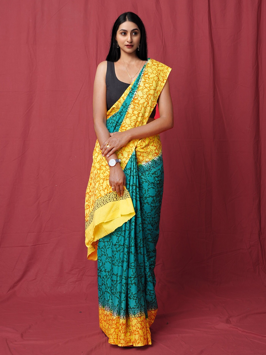 

Unnati Silks Floral Pure Cotton Handloom Block Print Saree, Green