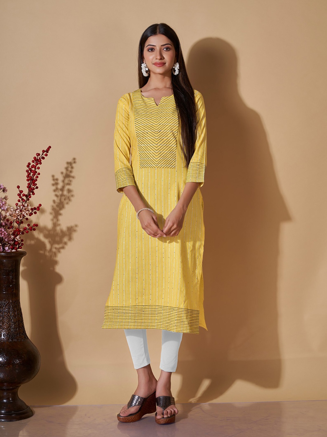

ZARIMO Striped Straight Kurta, Yellow