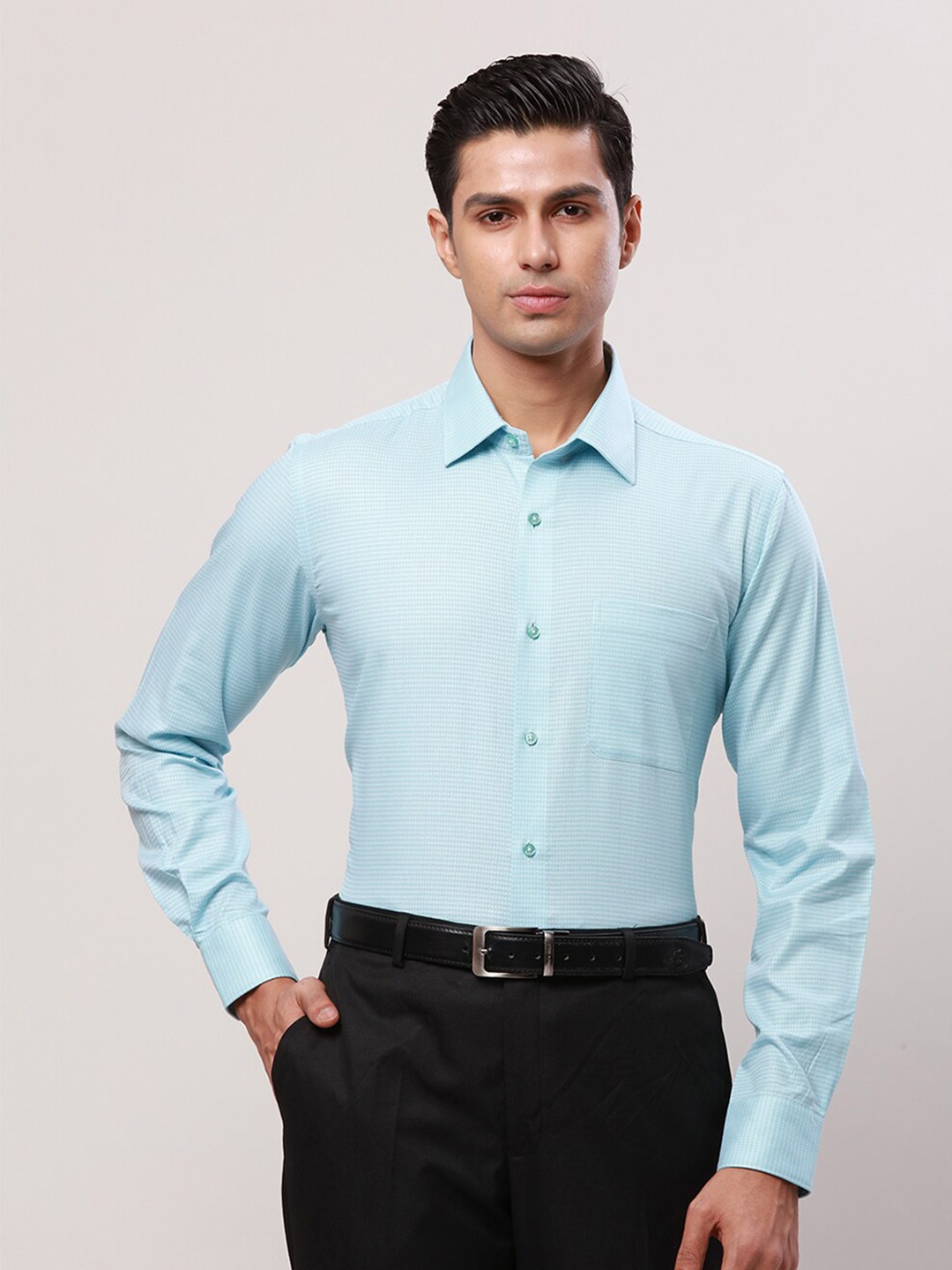 

Raymond Spread Collar Self Design Contemporary-Fit Cotton Formal Shirt, Green