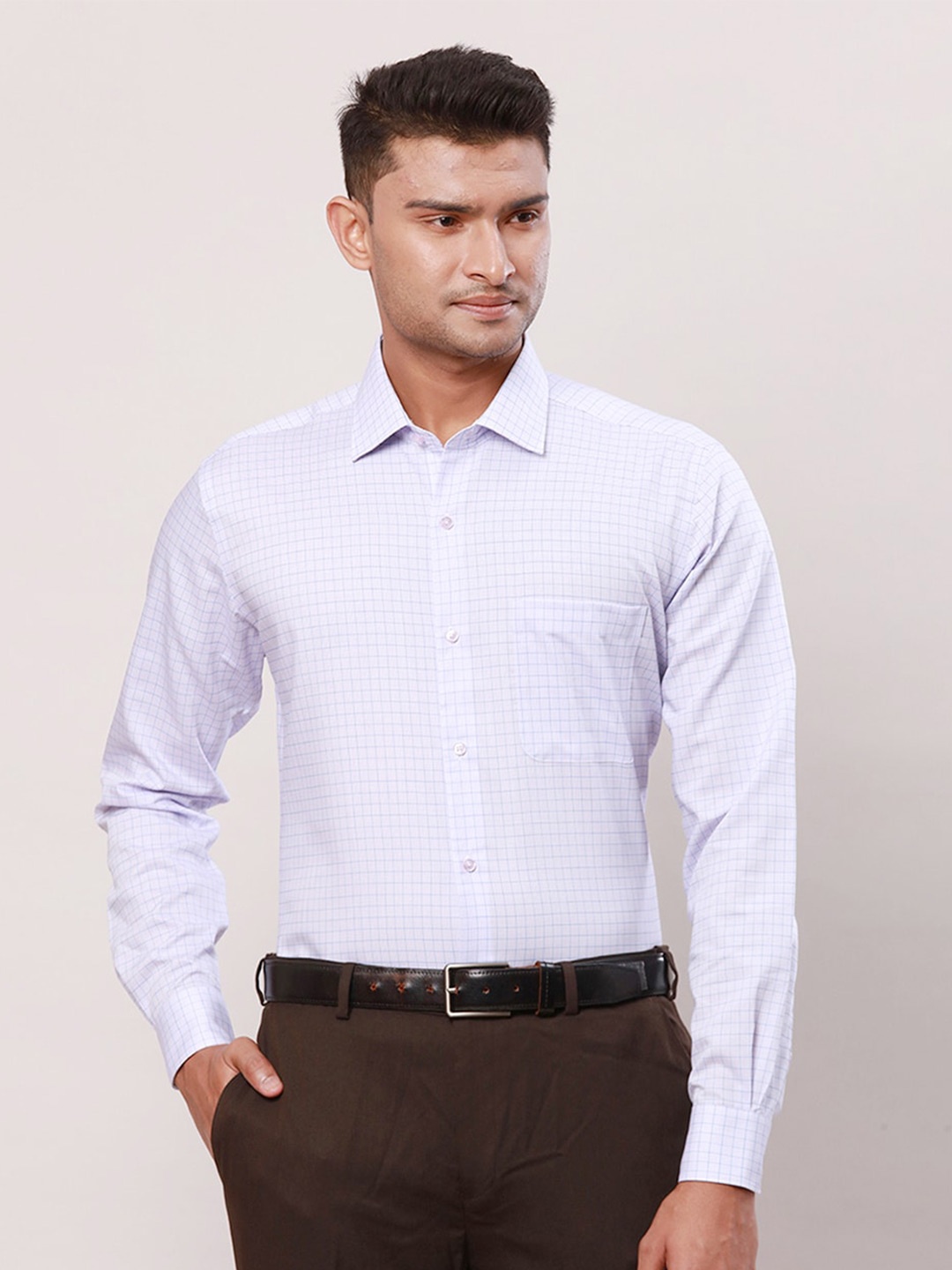 

Raymond Spread Collar Checked Contemporary-Fit Cotton Formal Shirt, Violet