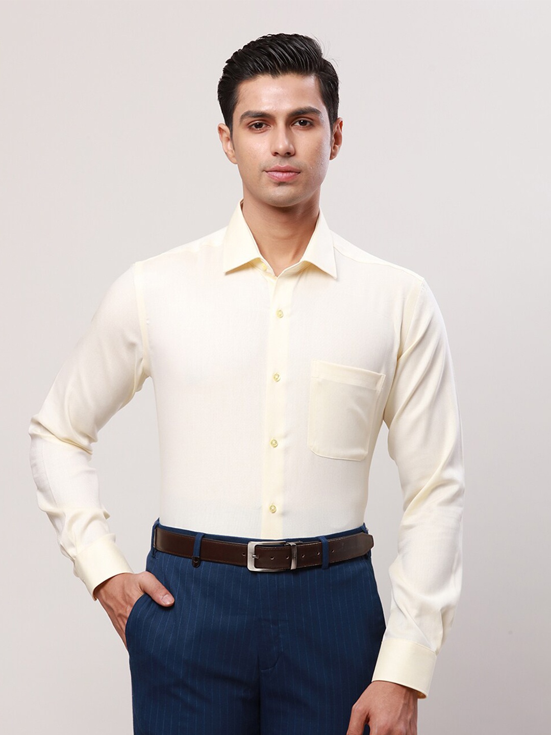 

Raymond Contemporary-Fit Opaque Self Design Cotton Formal Shirt, Yellow