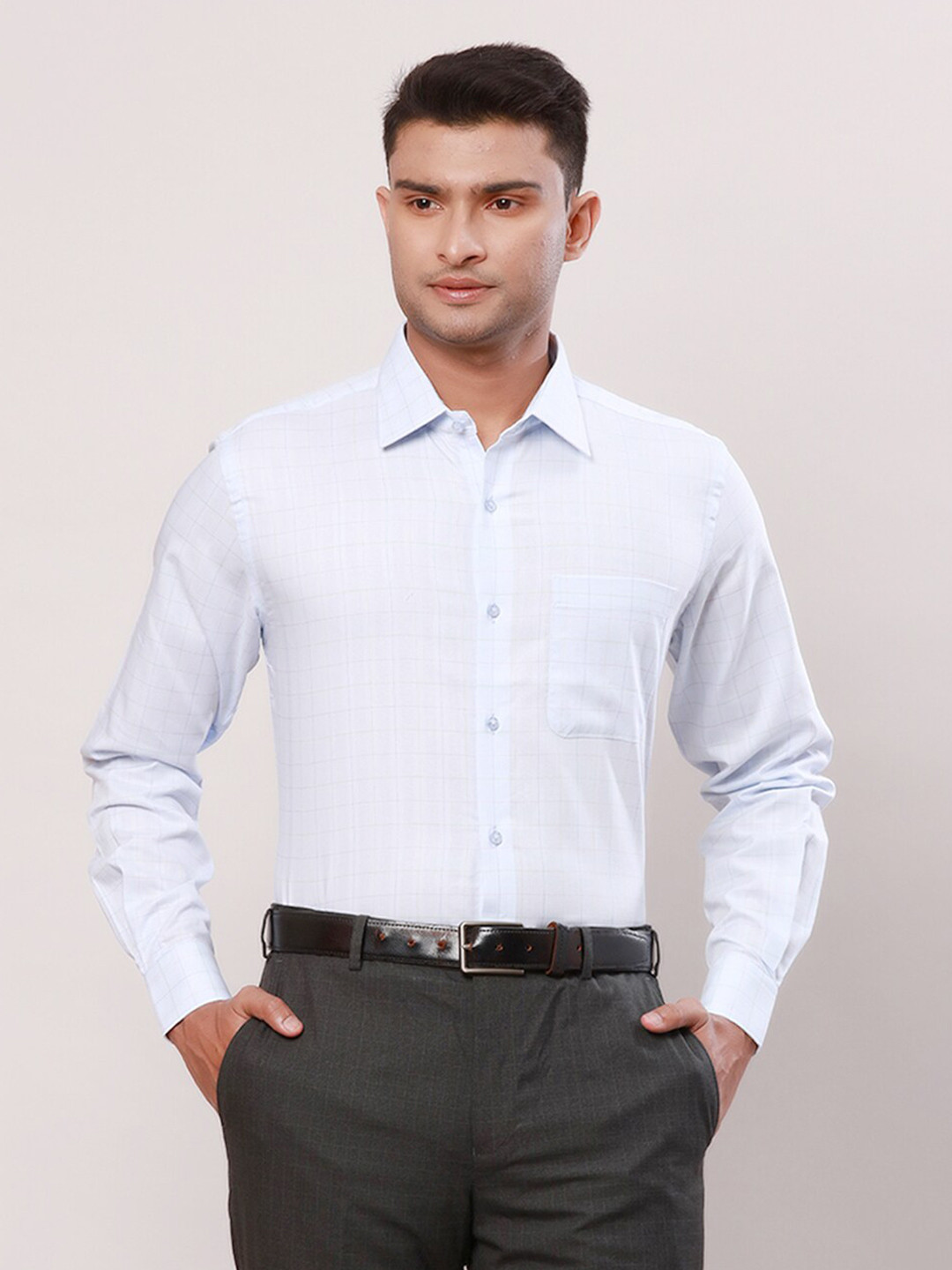 

Raymond Contemporary-Fit Opaque Self Design Cotton Formal Shirt, Blue