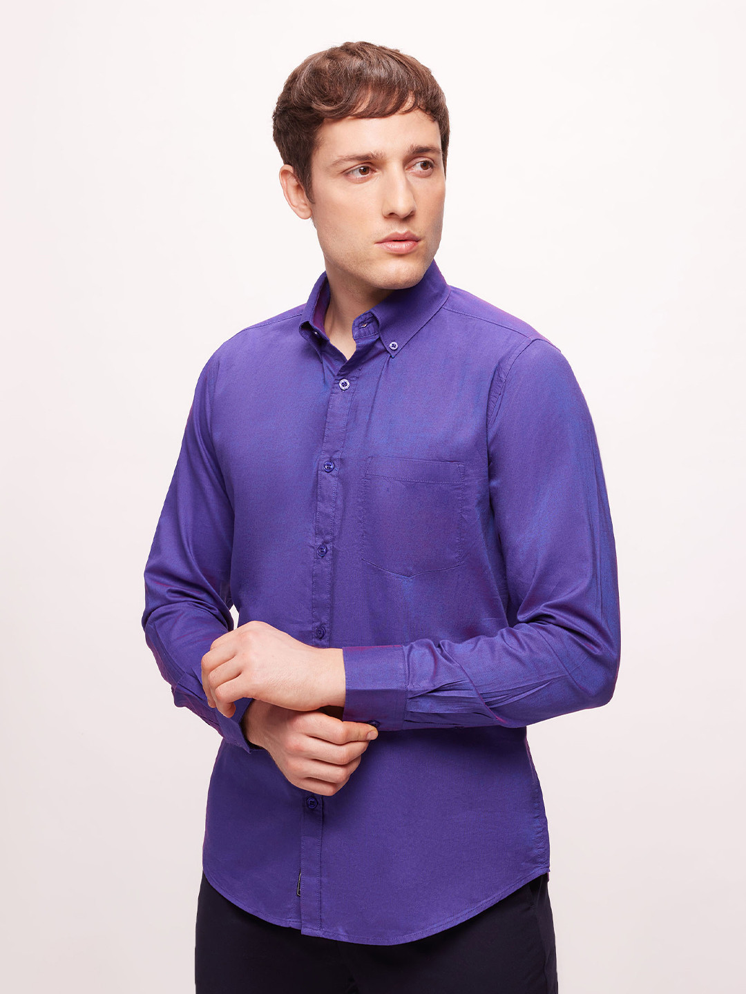 

Bombay High Men Slim Fit Semi Formal Button Down Collar Solid Shirt, Blue