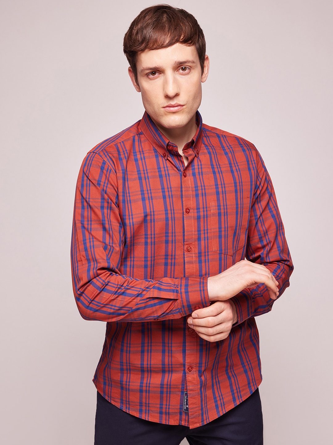 

Bombay High Men Slim Fit Semi Formal Button Down Collar Yarn Dyed Check Shirt, Orange