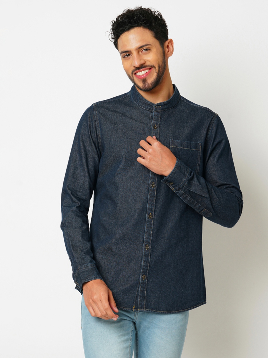 

Bombay High Men Slim Fit Band Collar Solid Denim Shirt, Blue