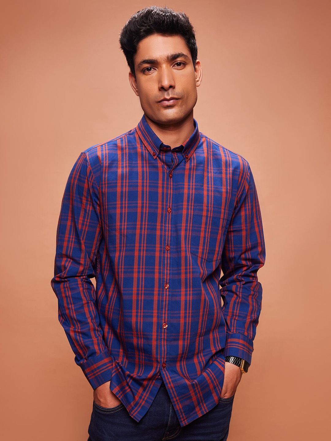 

Bombay High Men Slim Fit Semi Formal Button Down Collar Yarn Dyed Check Shirt, Blue
