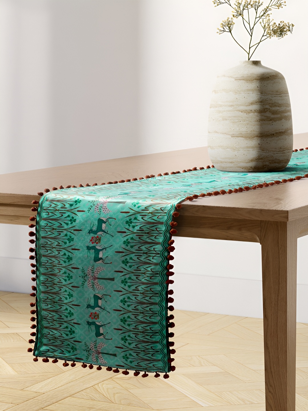 

India Circus by Krsnaa Mehta Green Printed Micro Velvet Table Runners