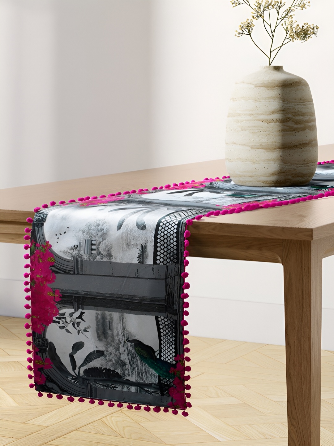 

India Circus by Krsnaa Mehta Black & Red Royal Hues Printed Velvet Table & Bed Runner, Grey