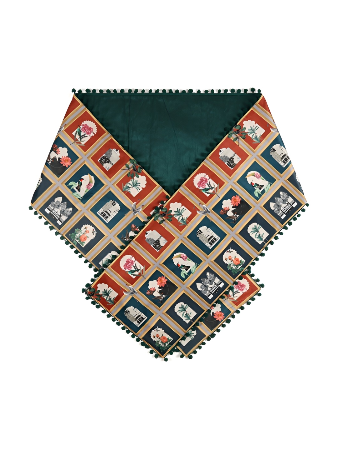 

India Circus by Krsnaa Mehta Red & Green Printed Micro Velvet Table Runner