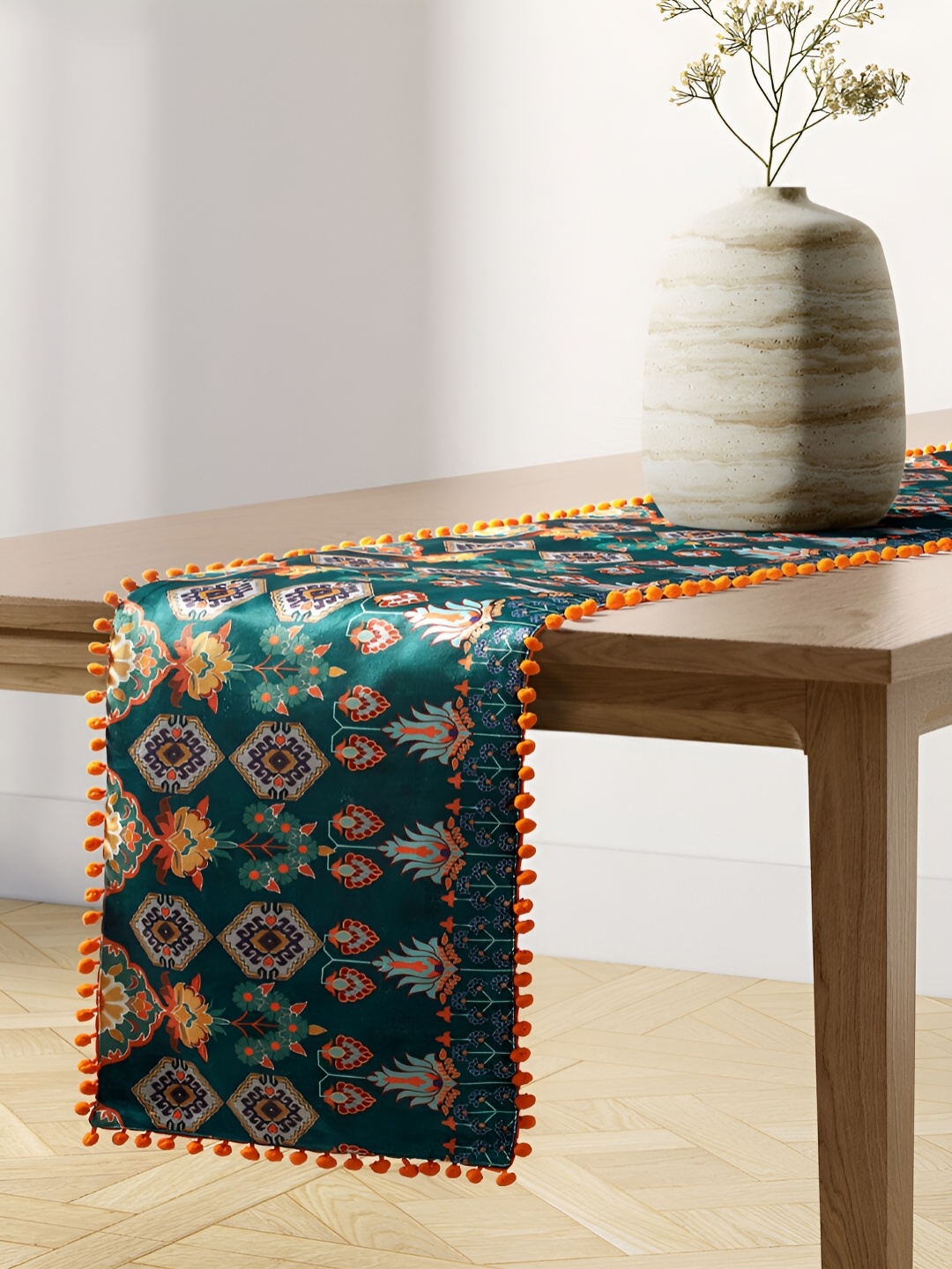

India Circus by Krsnaa Mehta Green Evergreen Essence Printed Micro Velvet Table Runner