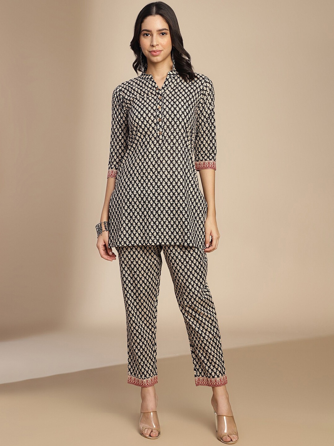 

Shaily Women Ethnic Motifs Printed Regular Kurta with Trousers, Beige