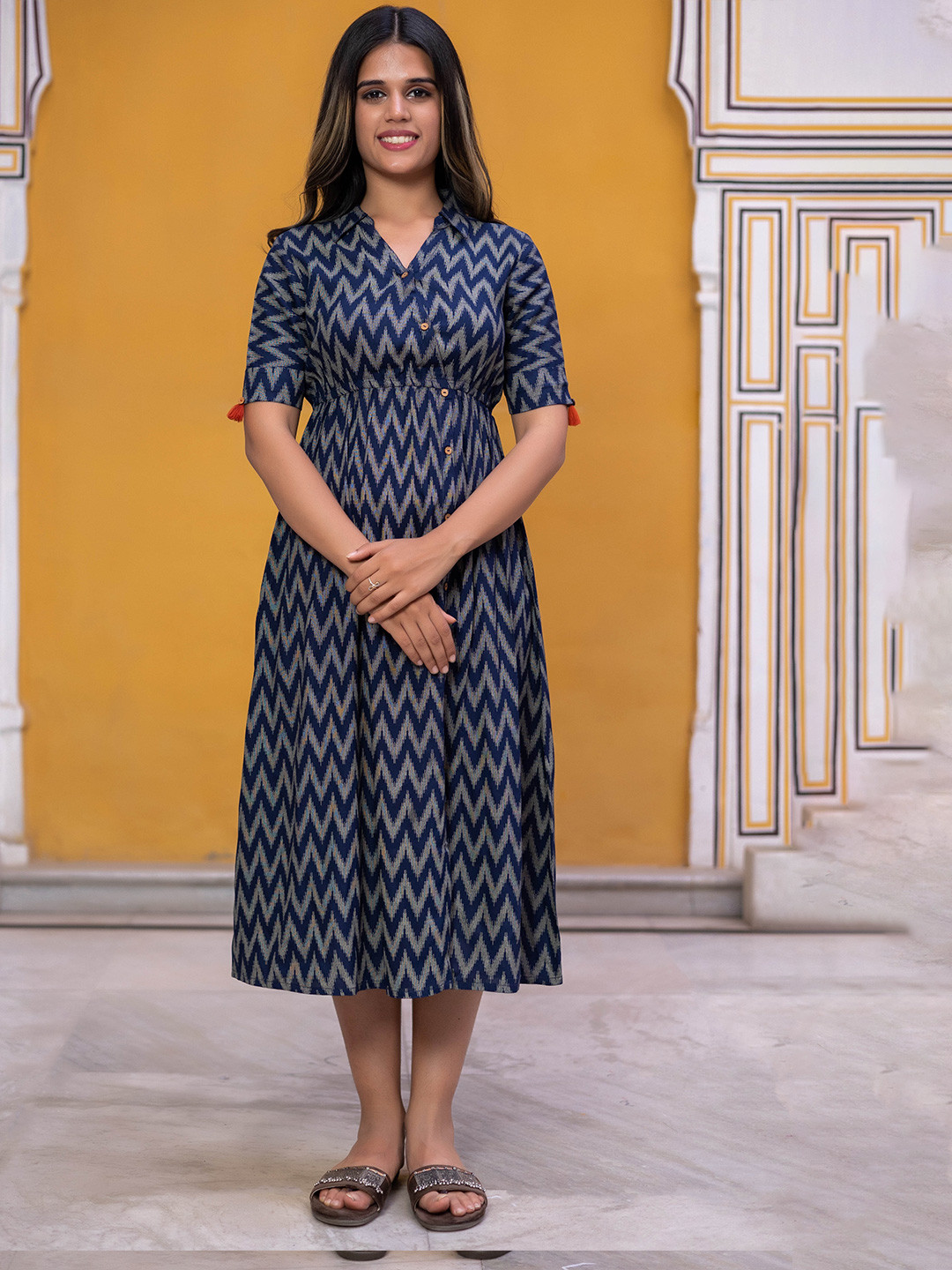 

KASYA Shirt Collar Geometric Printed Empire Midi Dress, Blue