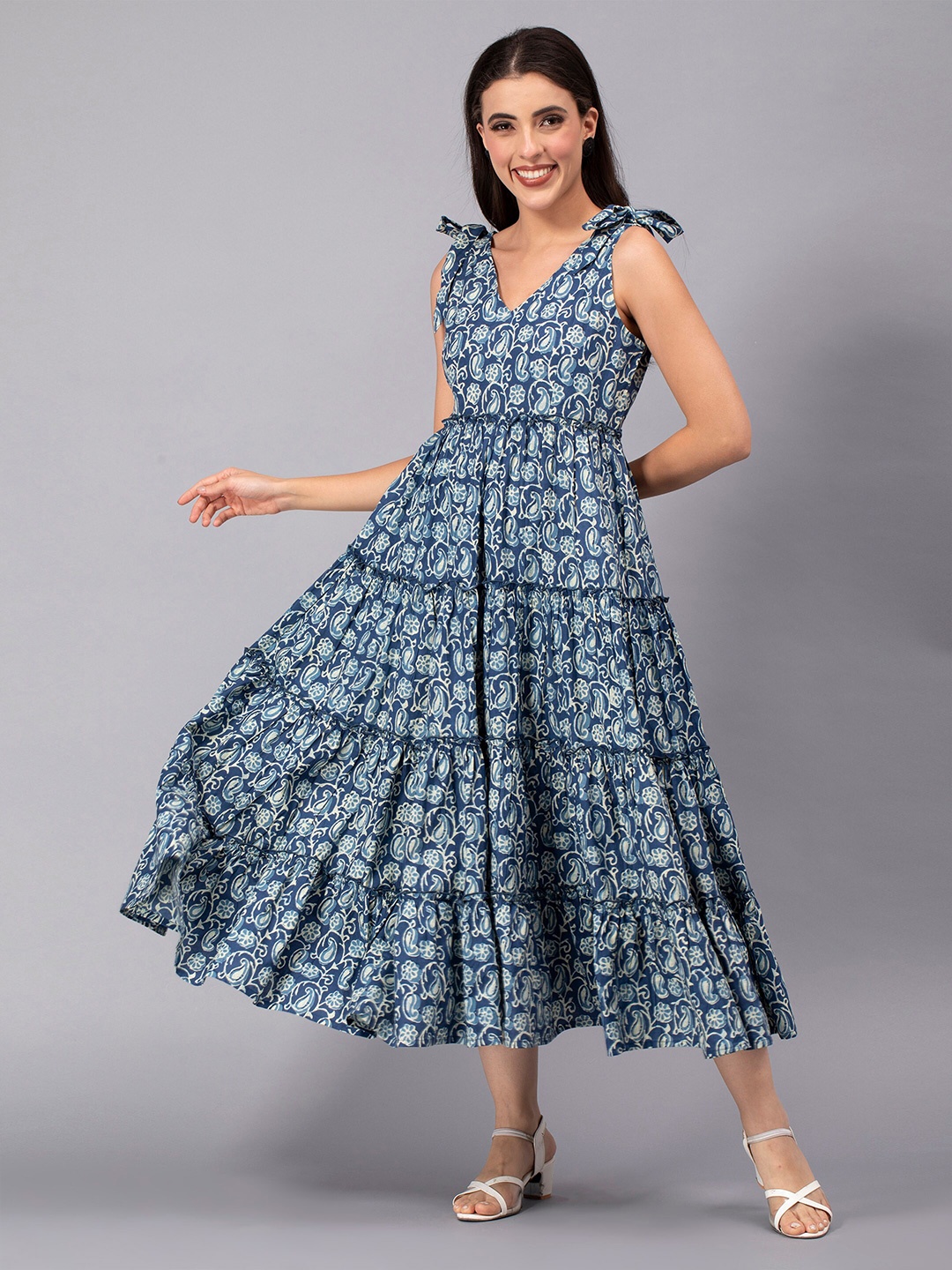 

KASYA Ethnic Motifs Printed V-Neck Tiered Maxi Dress, Blue