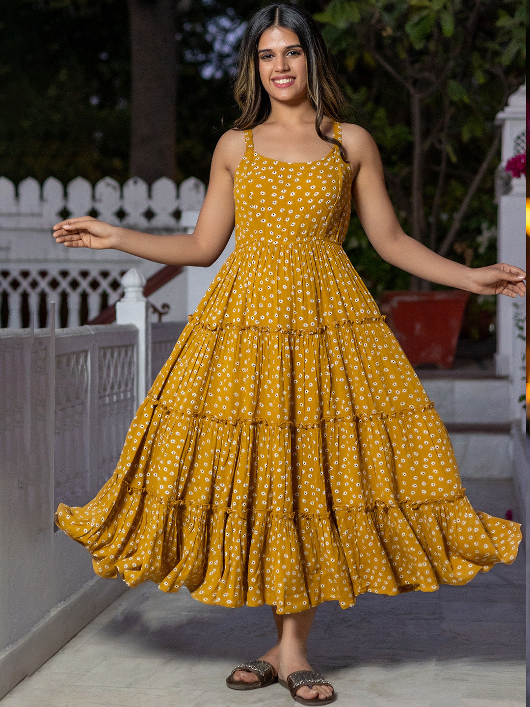 

KASYA Floral Printed Shoulder Straps Maxi Midi Dress, Mustard
