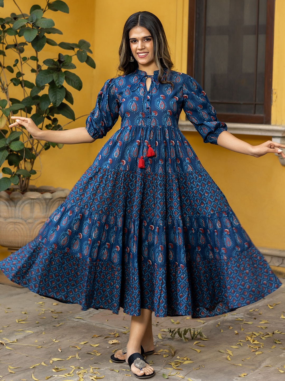 

KASYA Ethnic Motifs Printed Tie-Up Neck Puff Sleeves Cotton Tiered Empire Maxi Dress, Blue