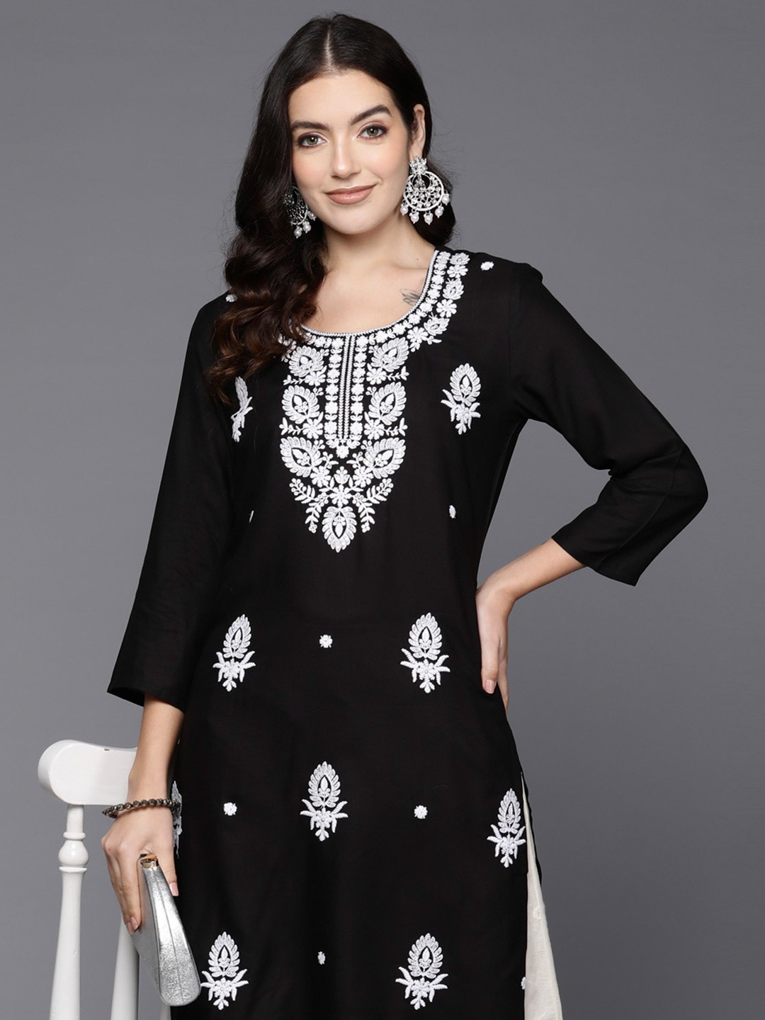 

Indo Era Women Ethnic Motifs Printed Flared Sleeves Gotta Patti Kurta, Black