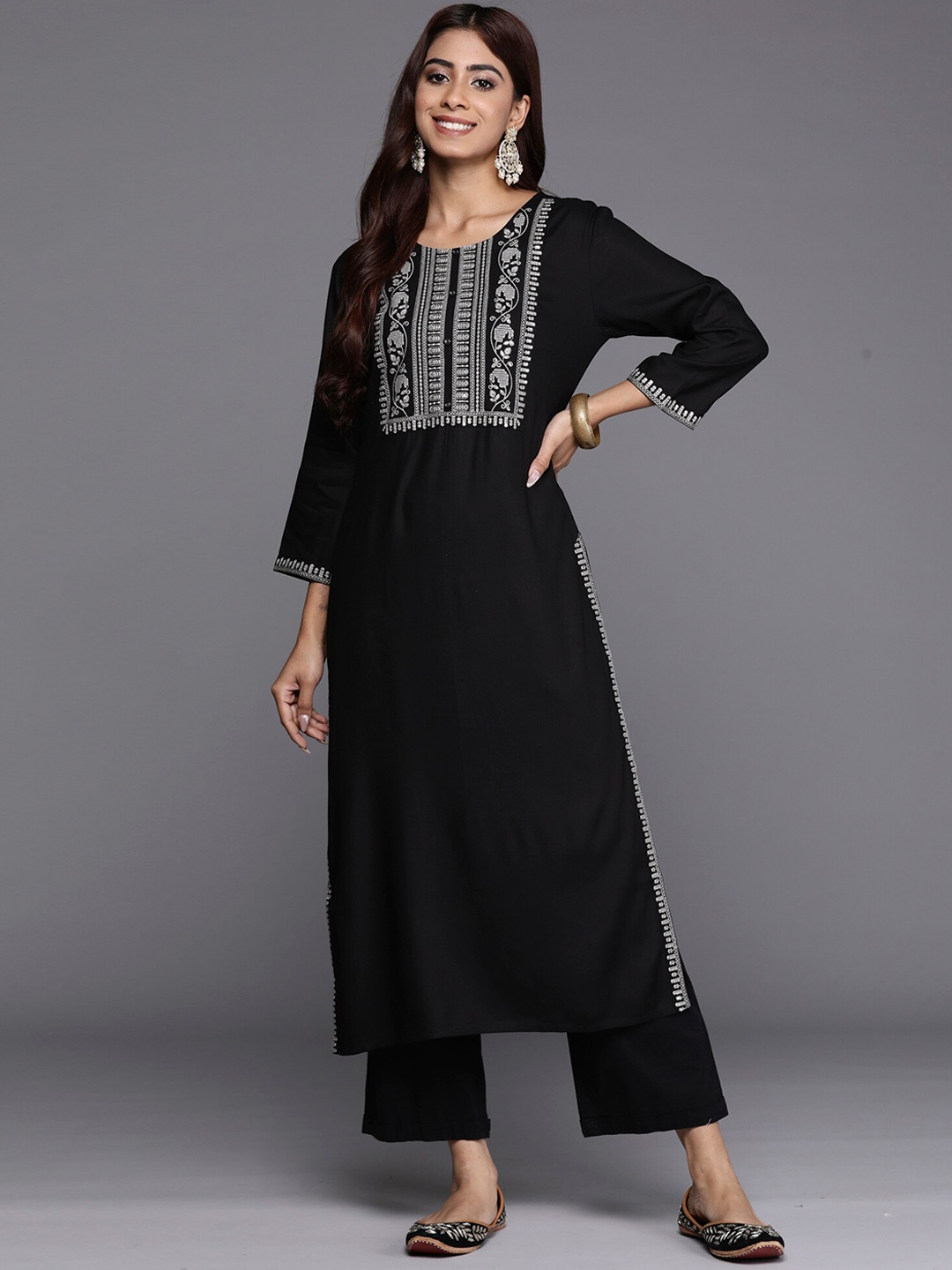 Indo Era Round Neck Yoke Design Flared Sleeves Rayon Straight Kurta, Black