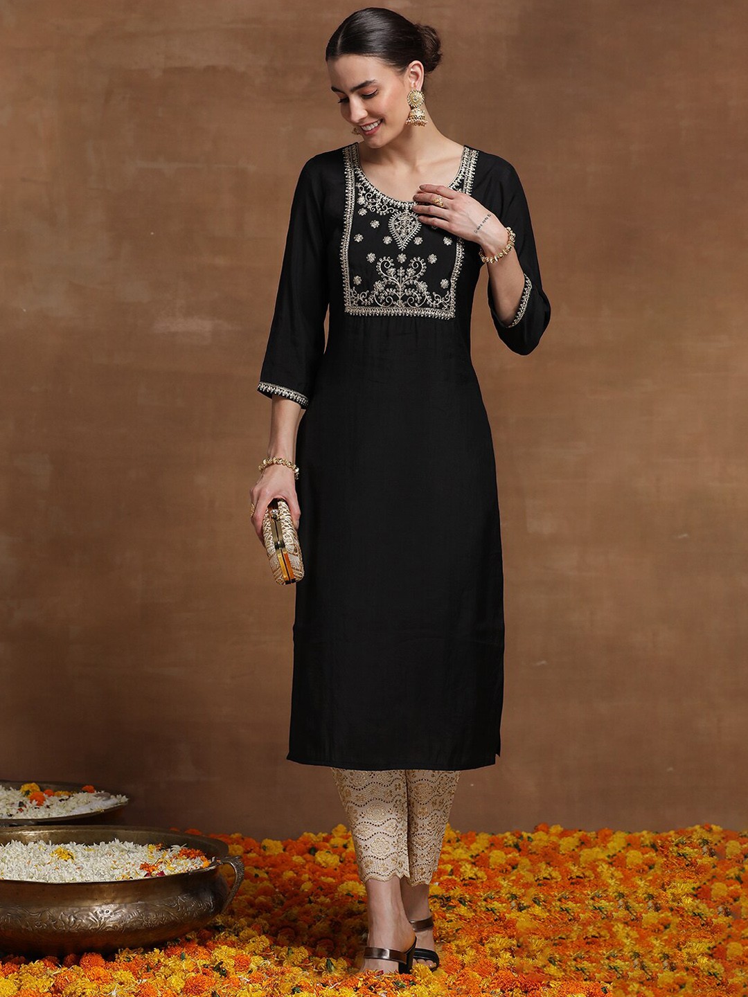 

Indo Era Round Neck Yoke Design Ethnic Embroidered Silk Straight Kurta, Black