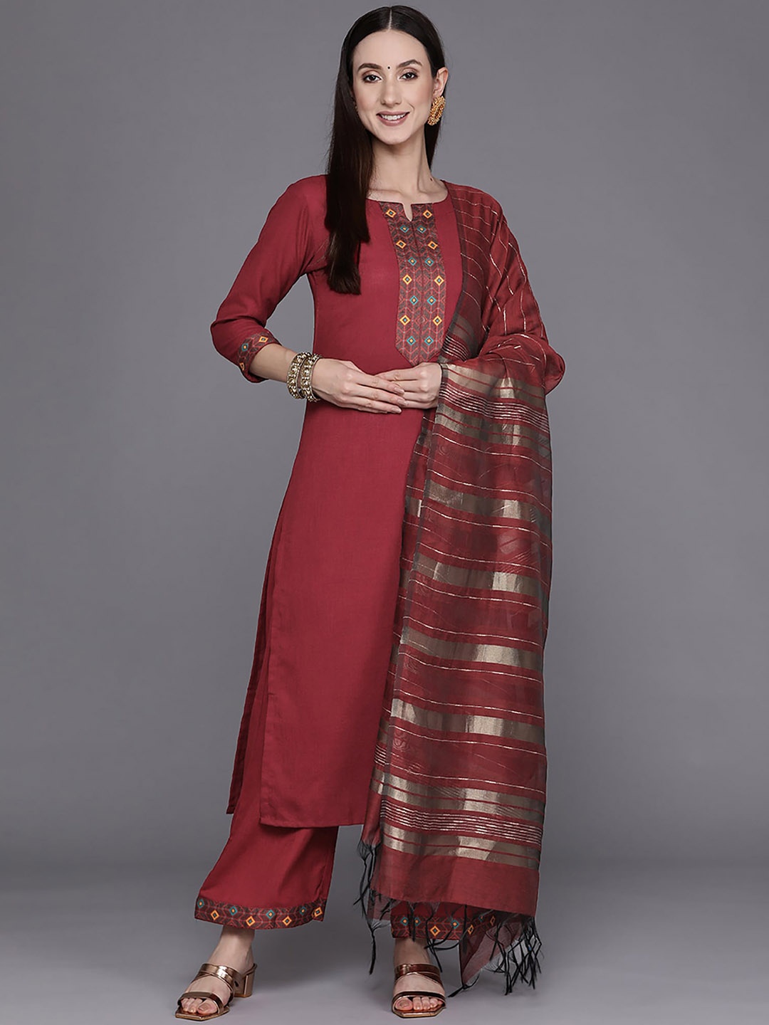 

Indo Era Ethnic Motifs Yoke Design Straight Kurta with Palazzos & With Dupatta, Maroon