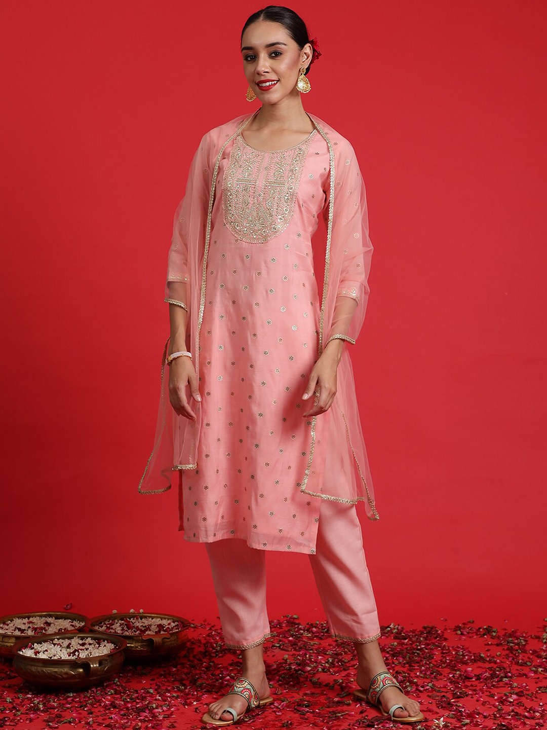 

Indo Era Ethnic Motifs Embroidered Regular Sequinned Kurta with Trousers & Dupatta, Pink