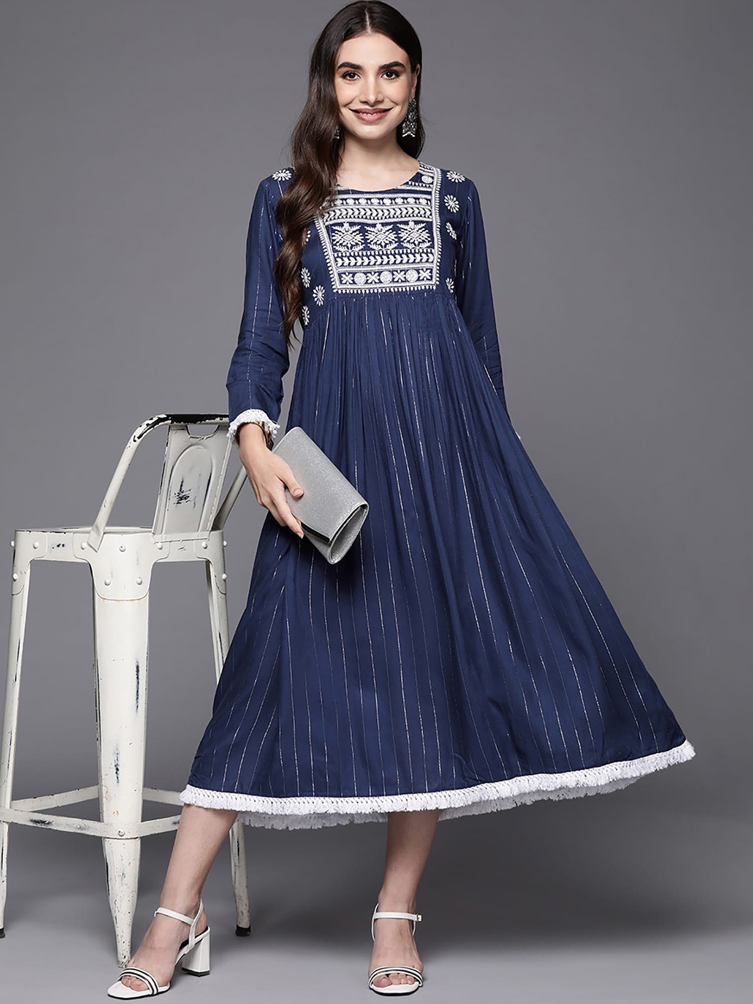 

Indo Era Embroidered A-Line Midi Dress, Blue