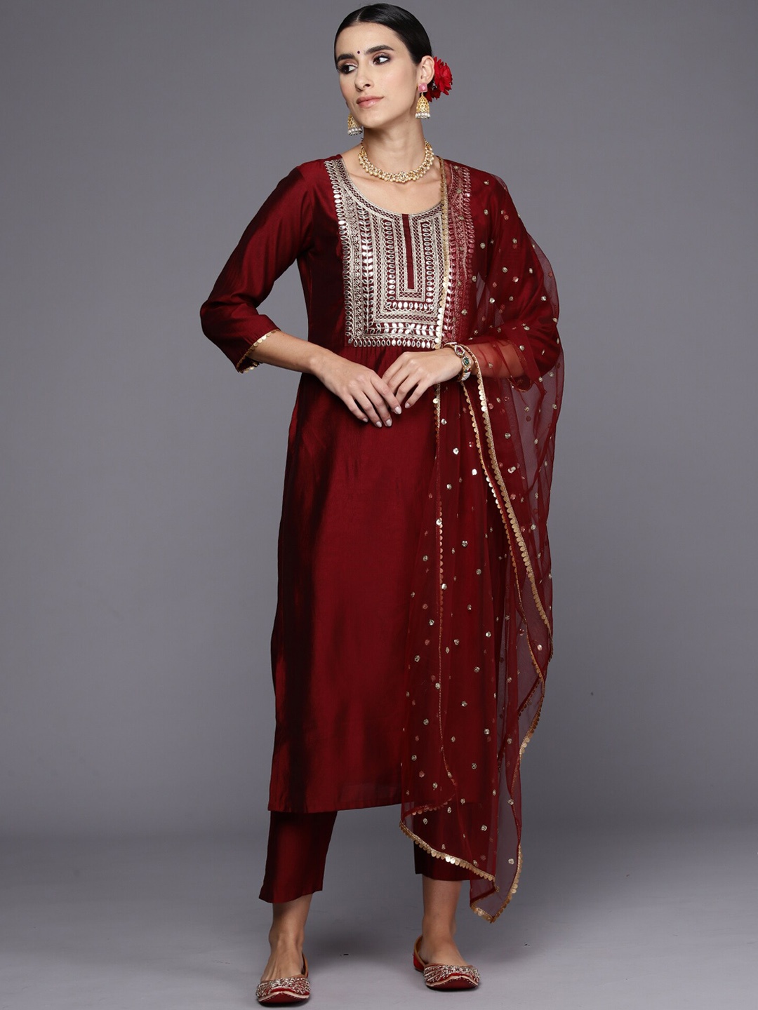 

Indo Era Maroon Floral Embroidered Regular Mirror Work Liva Kurta with Trousers & Dupatta