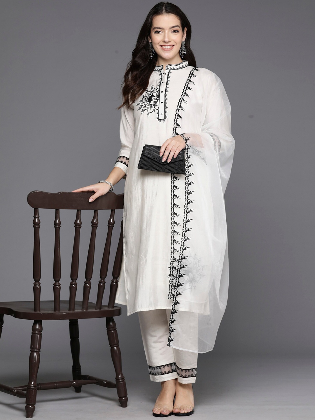 

Indo Era Floral Embroidered Kurta with Trousers & With Dupatta, Cream